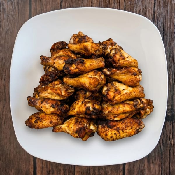 A white square plate piled high with golden-brown, crispy chicken wings on a rustic wooden table.